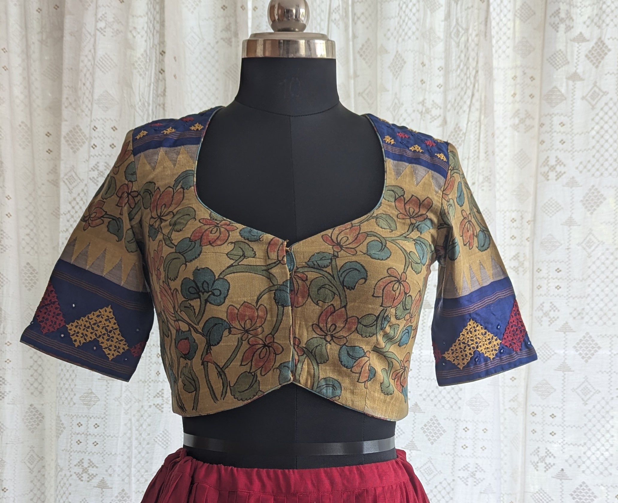 Charukusuma Kalamkari with Kutch Embroidered Blouse