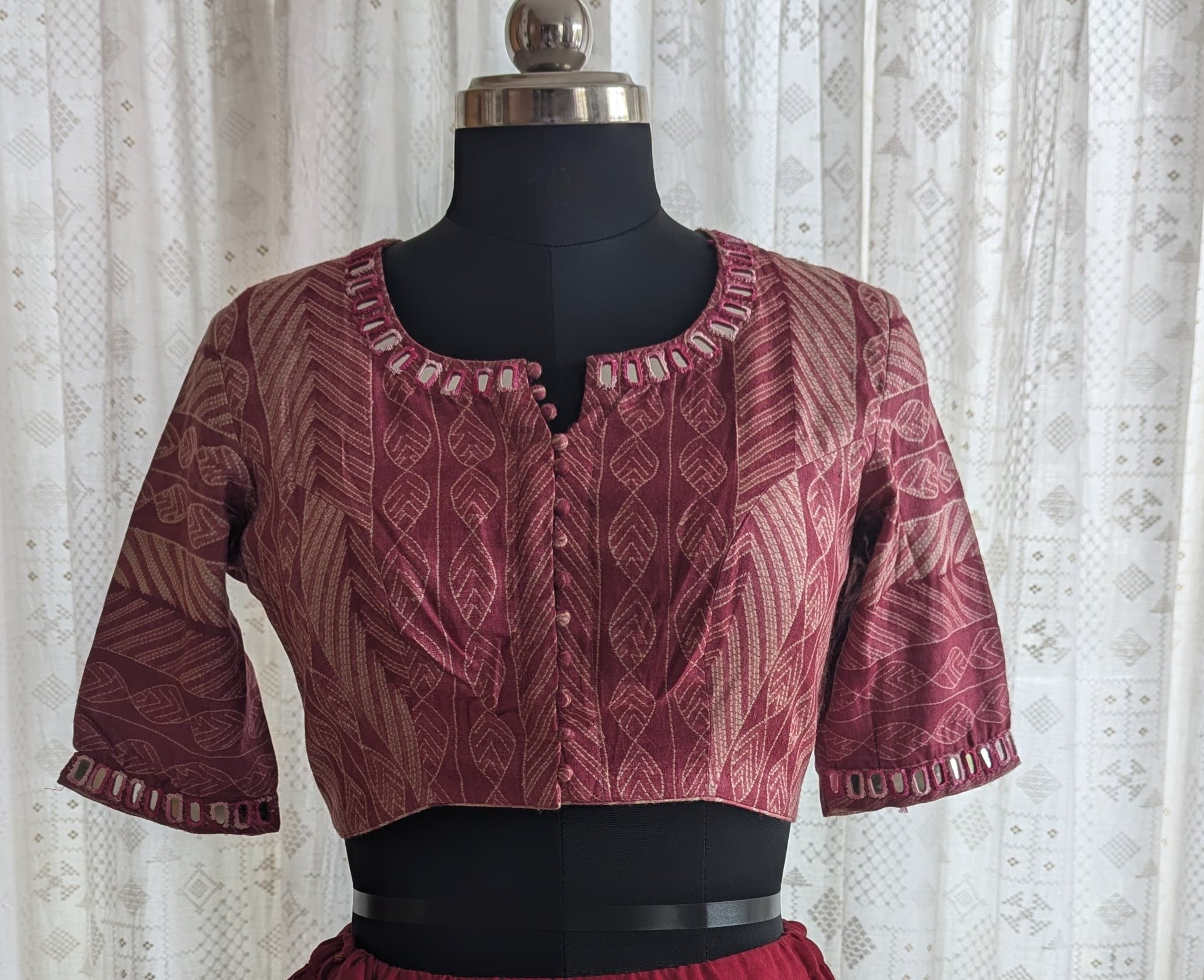 Deep Maroon Shibori with Kutch Mirror work