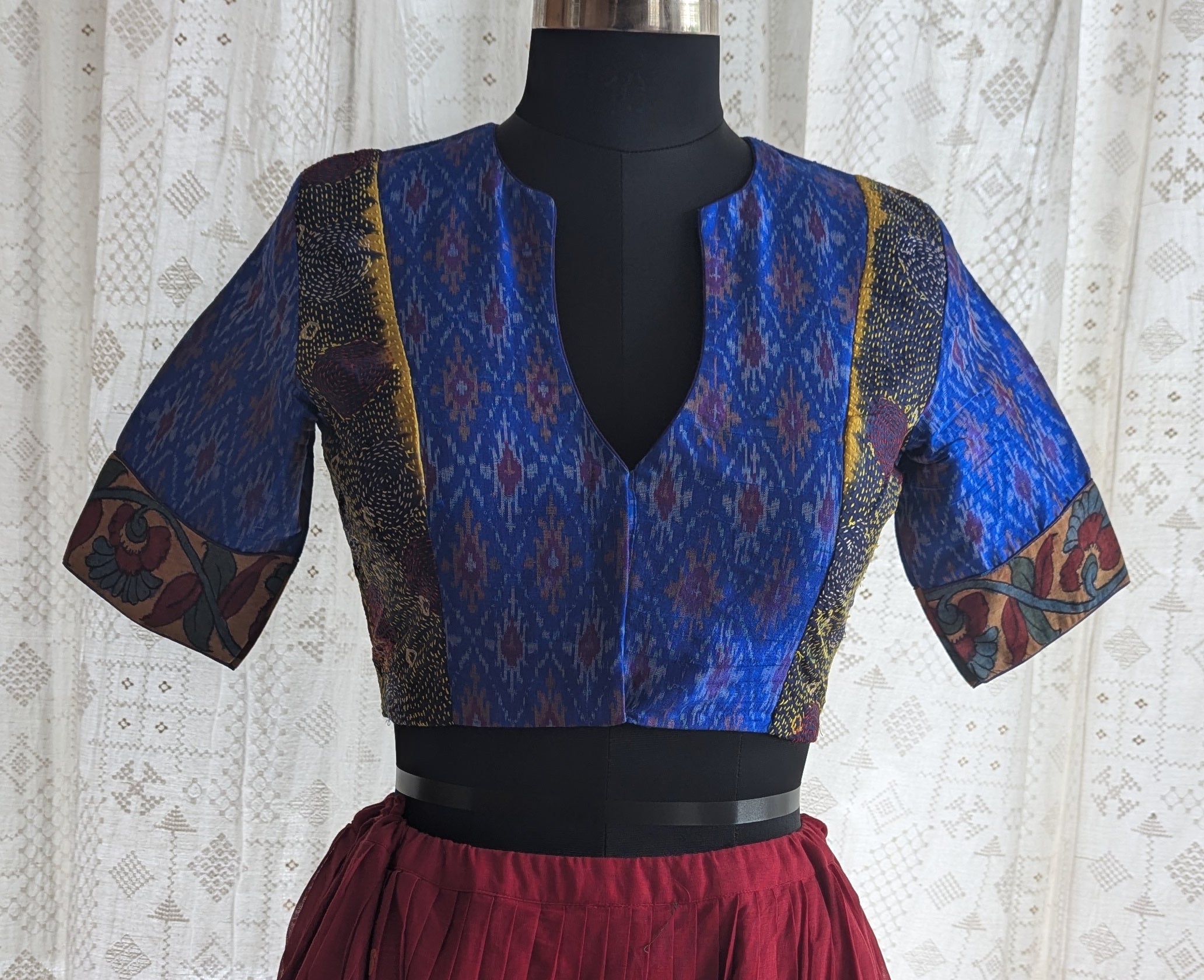 Royal Blue Ikat with Kantha Embroidery Blouse