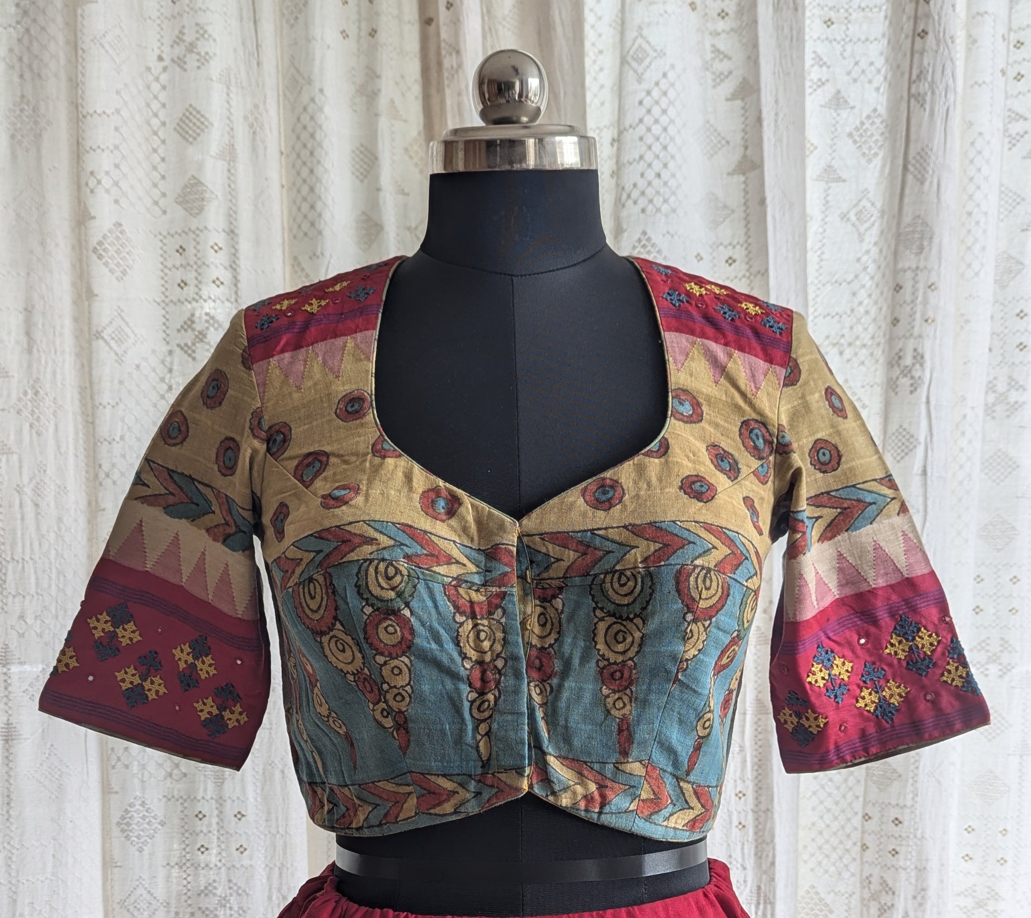 Rangavalli Kalamkari with Kutch Embroidered Blouse