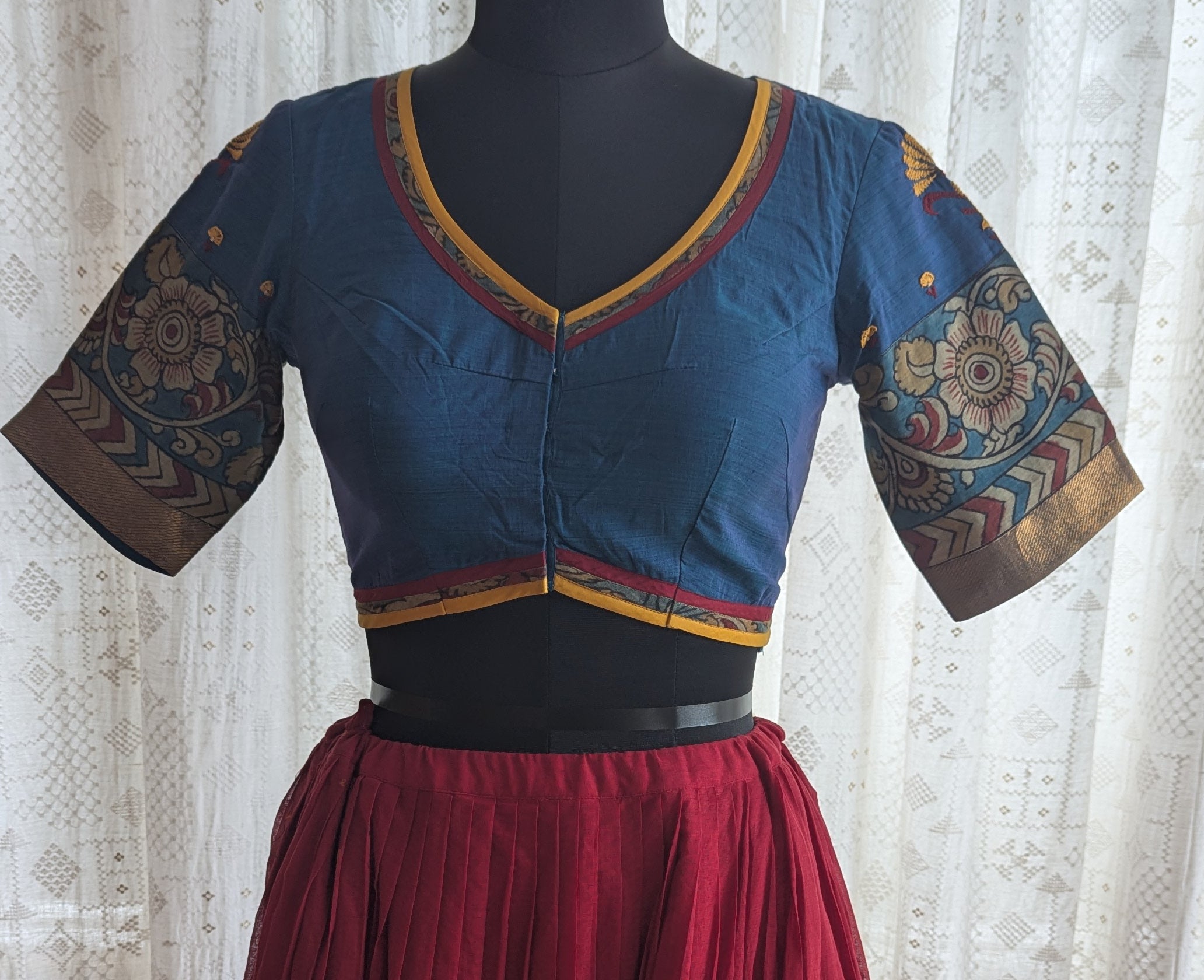 Sapphire Garden Kalamkari with Kutch Embroidered Blouse