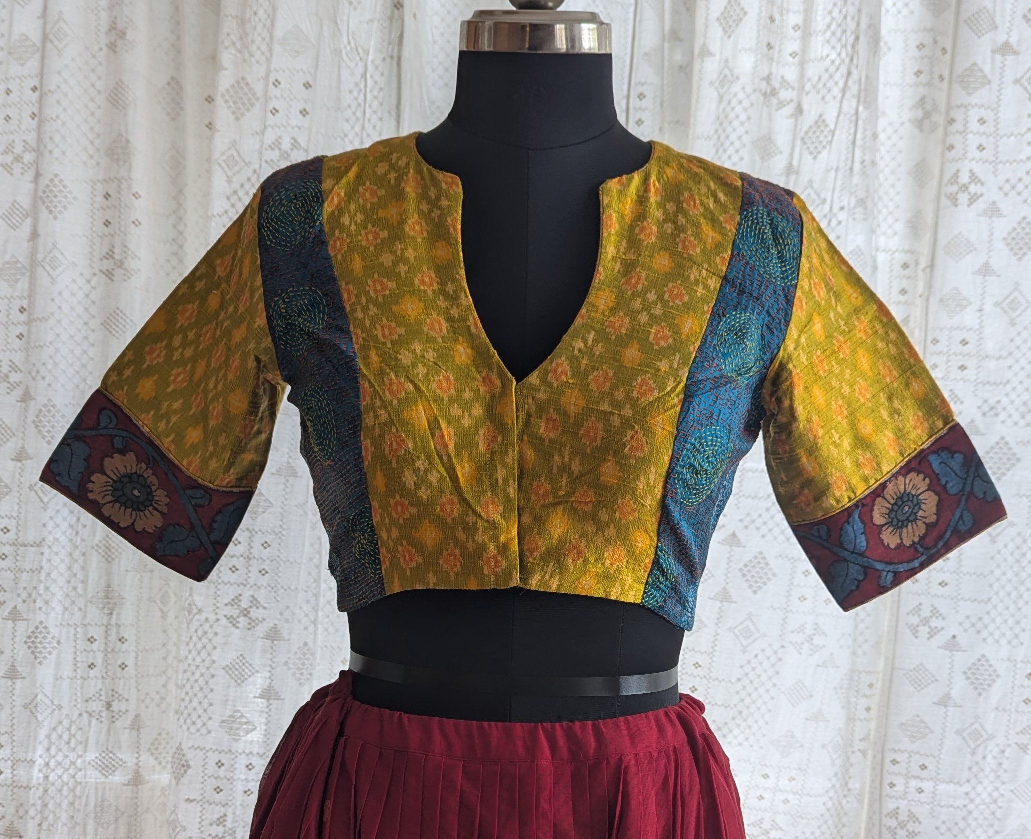 Antique Mustard Ikat with Kantha Embroidery Blouse