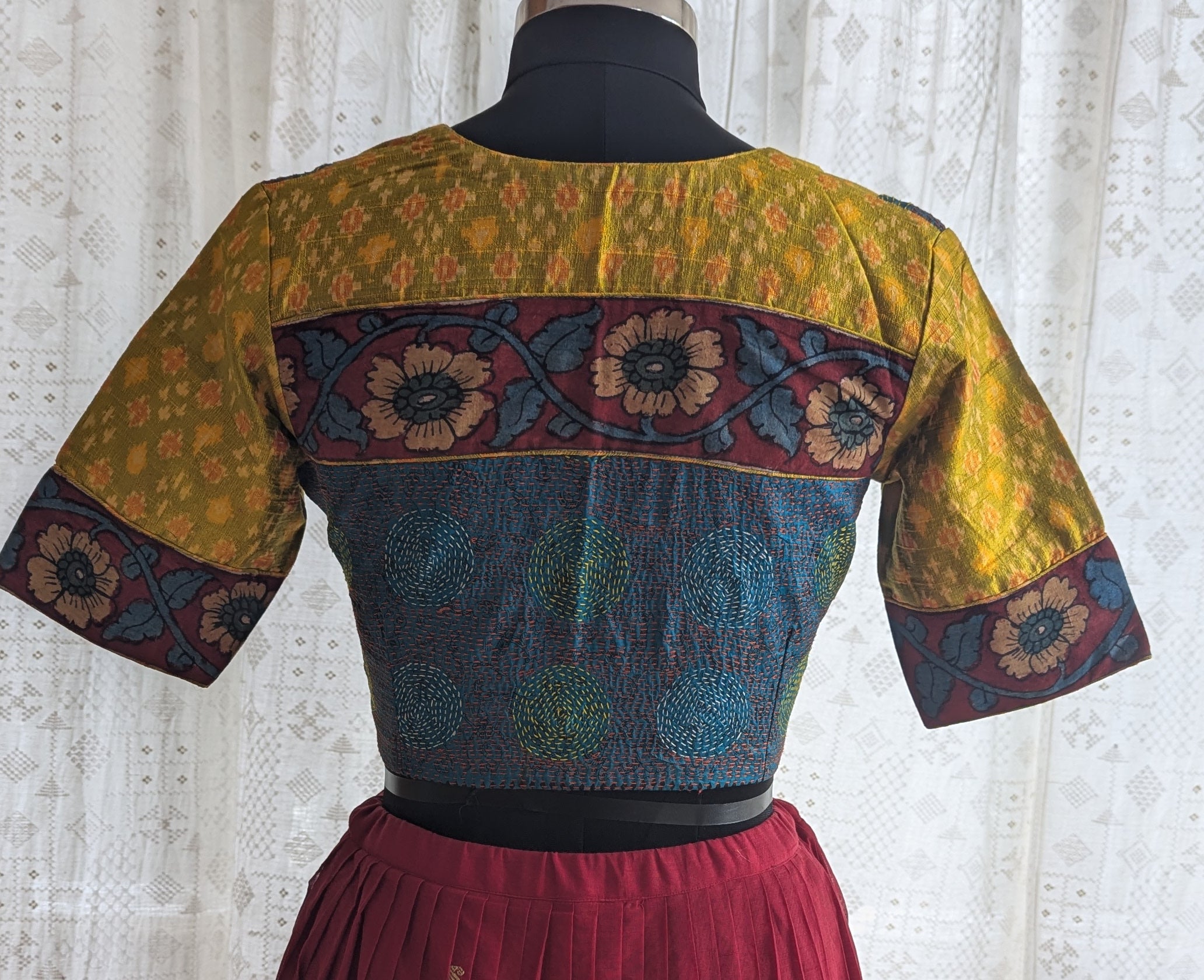 Antique Mustard Ikat with Kantha Embroidery Blouse