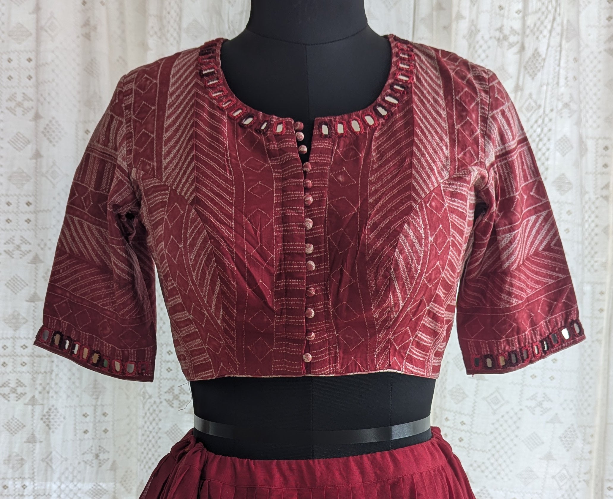 Burgundy Shibori with Kutch Mirror work