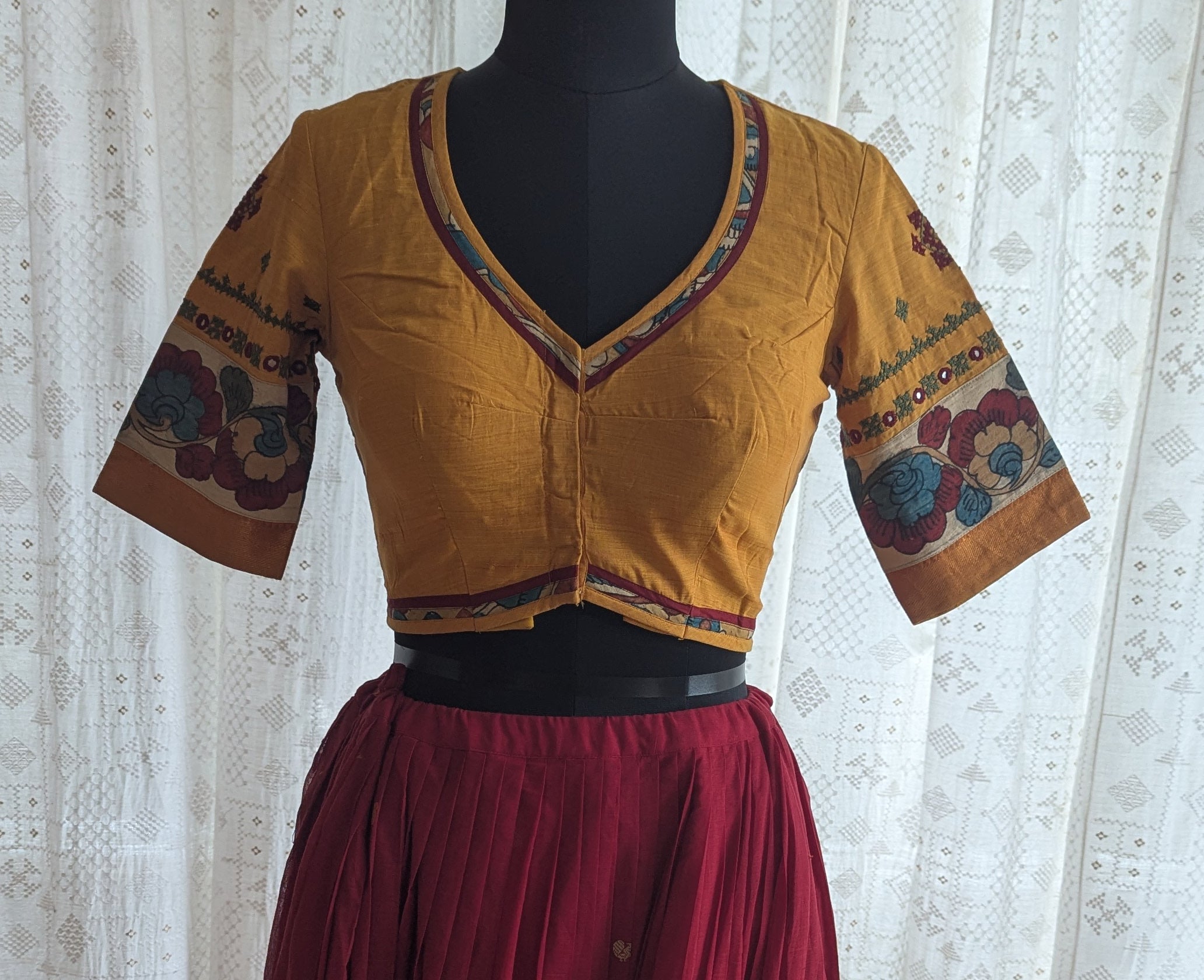 Amber Blossom Kalamkari with Kutch Embroidered Blouse