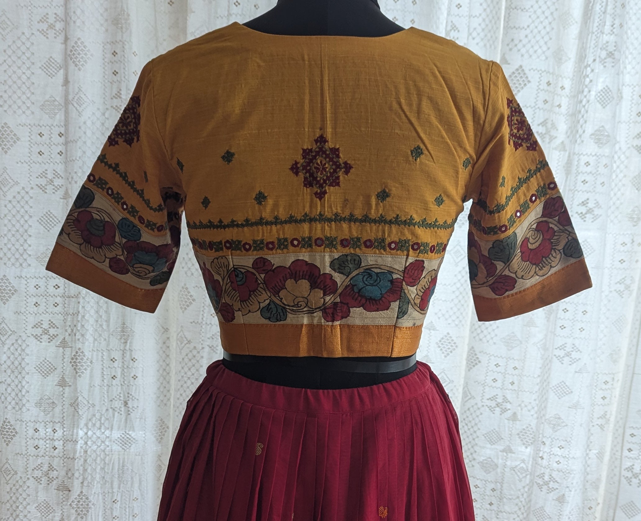 Amber Blossom Kalamkari with Kutch Embroidered Blouse