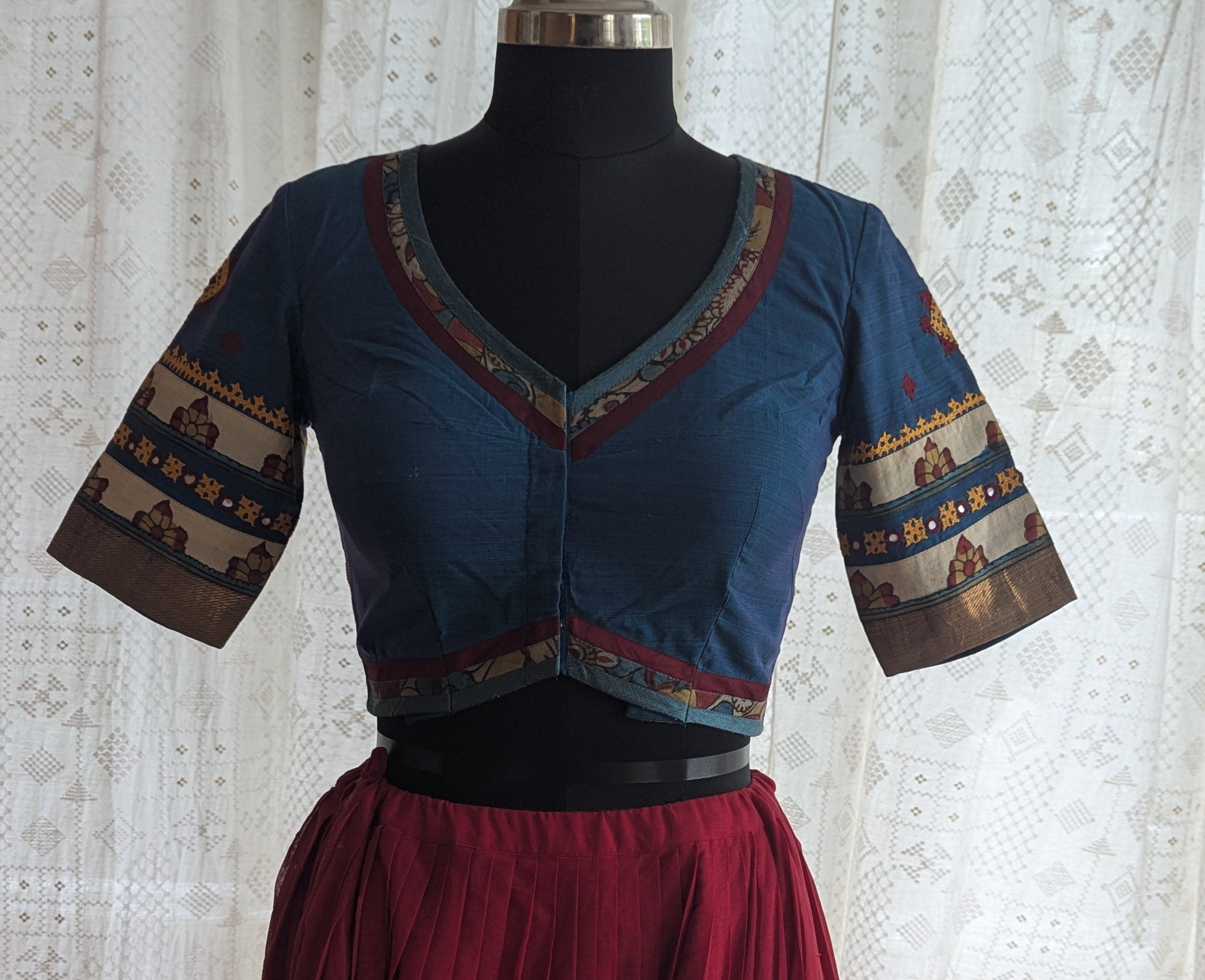 Midnight Bloom Kalamkari with Kutch Embroidered Blouse