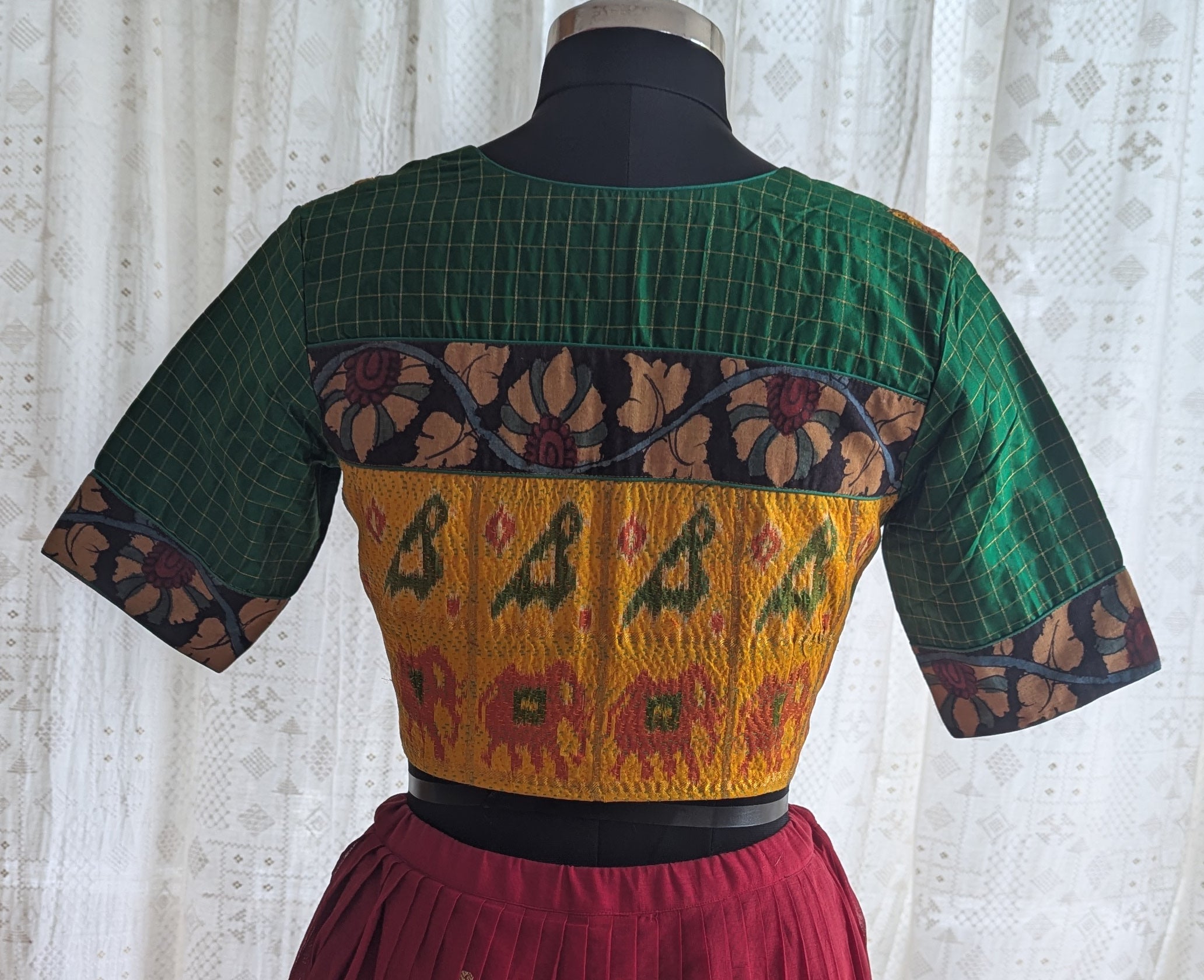 Emerald Green Ikat with Kantha Embroidery Blouse