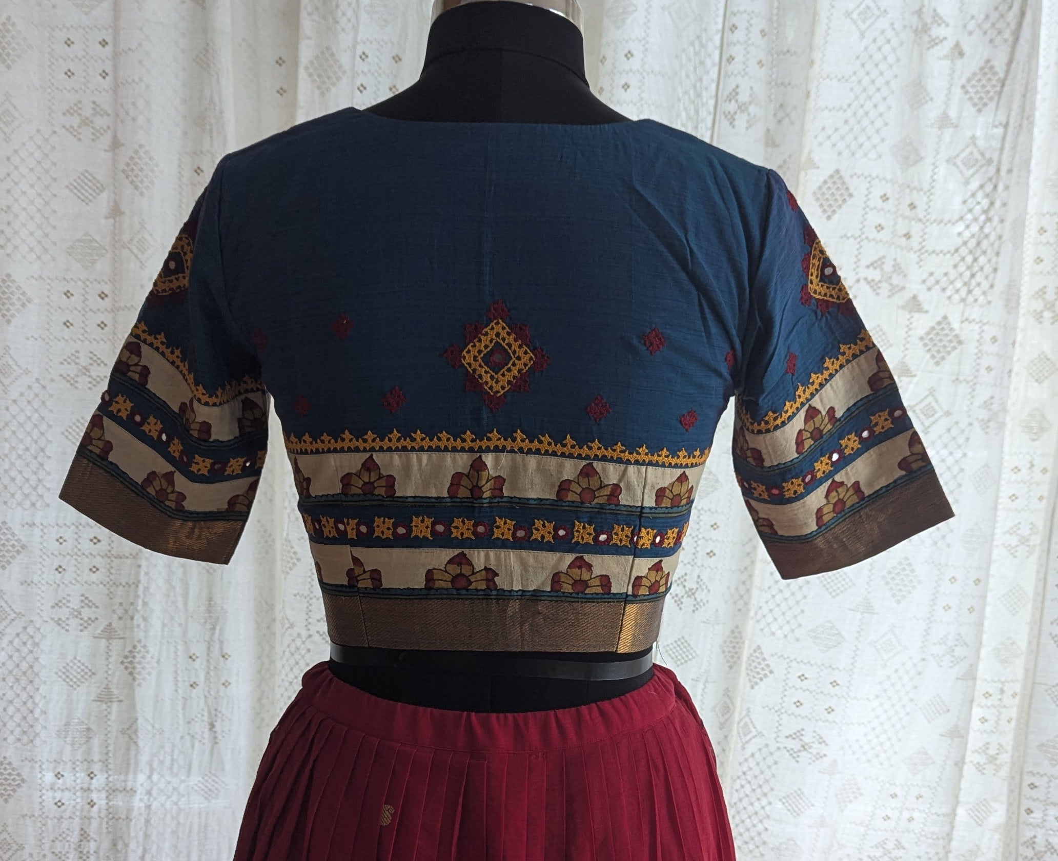Midnight Bloom Kalamkari with Kutch Embroidered Blouse
